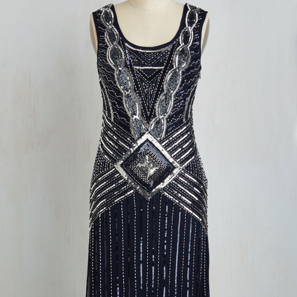 Midnight Blue Sequined & Beaded 1920s  Party Dress